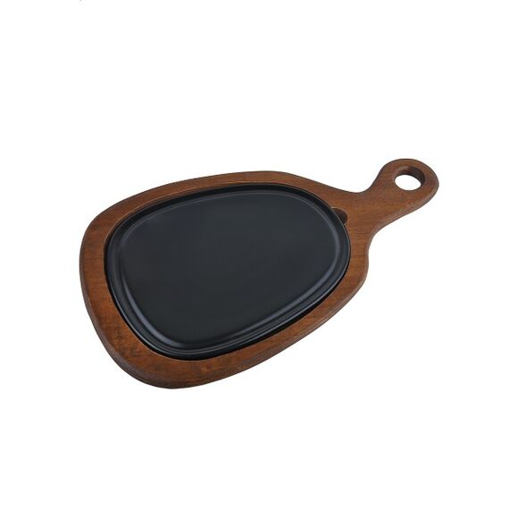 Блюдо для подачи с ручкой на деревянной подставке 24,5*20,5 см. h=2,5 см, фарфор, серия Black, Bonna